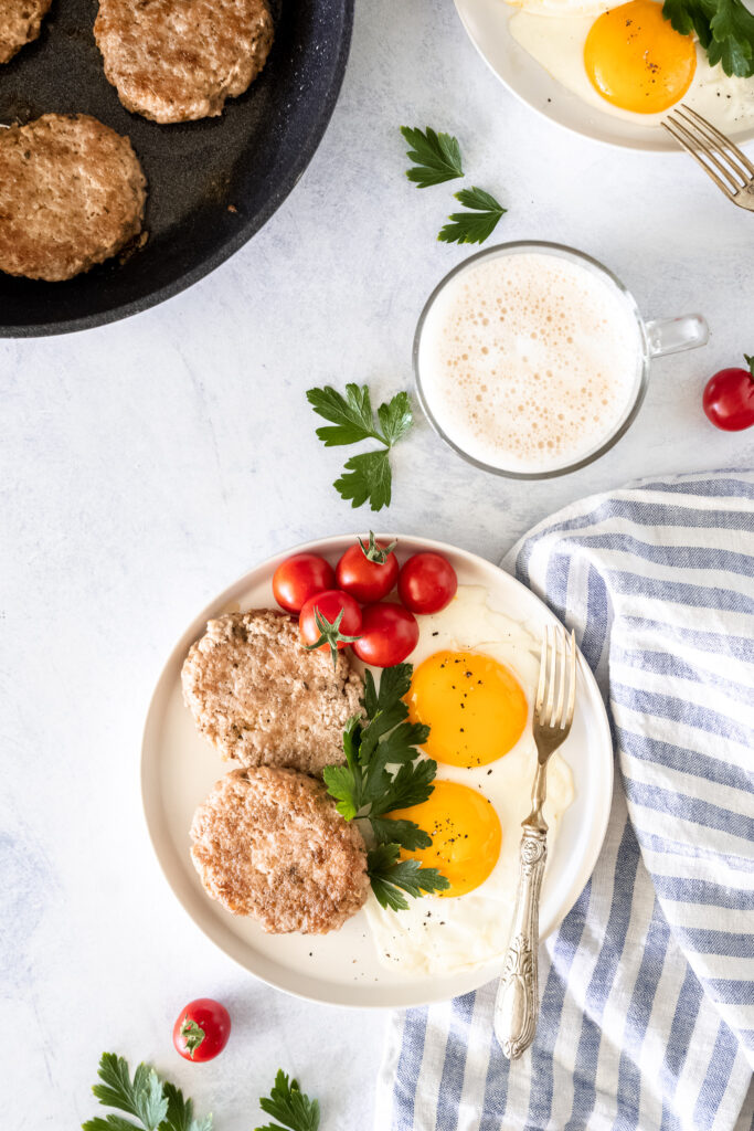 Country Breakfast Sausage with over easy eggs for breakfast